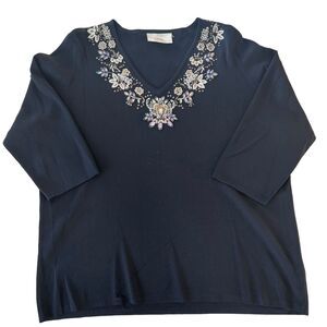 Ann Harvey Black Bejeweled Beaded Sparkle Embroidered Top Sz.‎ 2XL Grannycore
